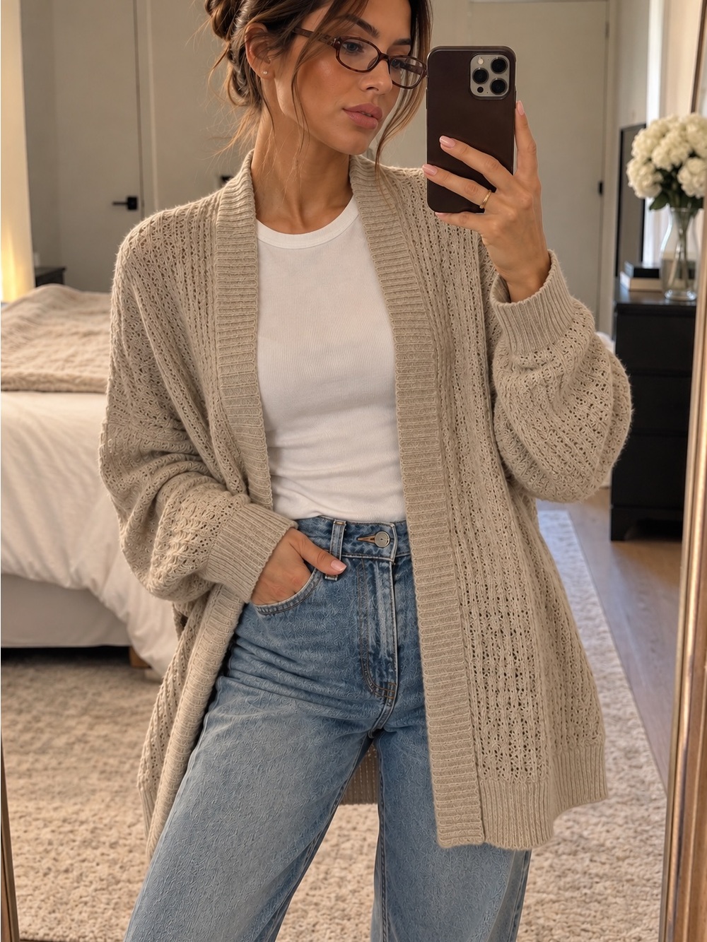 Express Open-Front Knit Cardigan in Light Taupe Cream